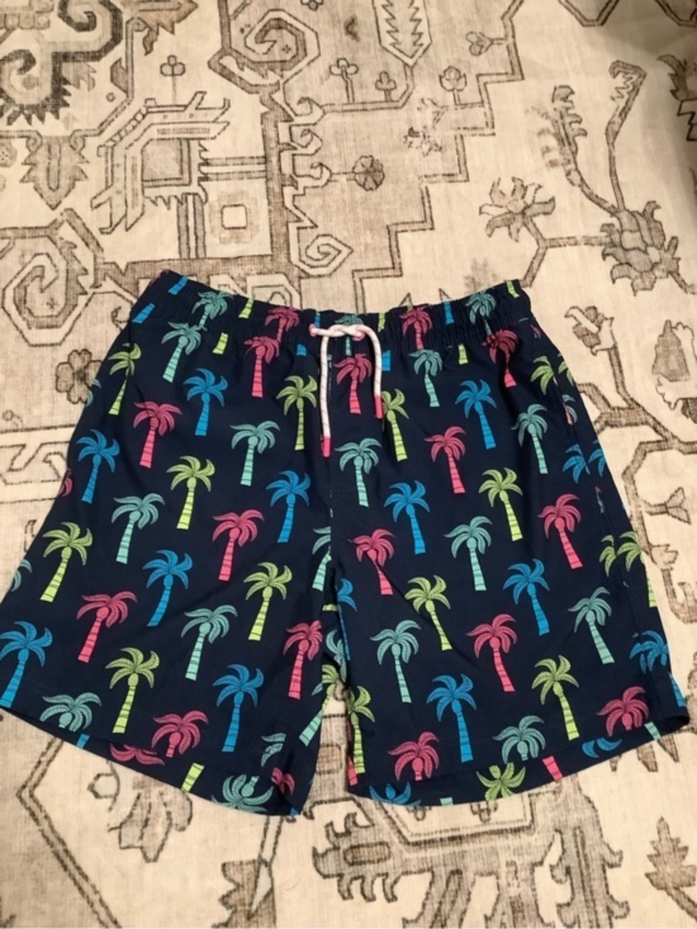 Navy Palm-Print Men's Swim Trunks